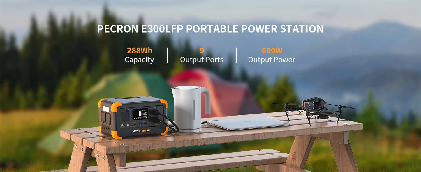 Pecron E300LFP Portable Power Station 600W 288Wh LiFePO4 Battery Solar Generator Power Bank Fast Charging for Home , RV, Camping