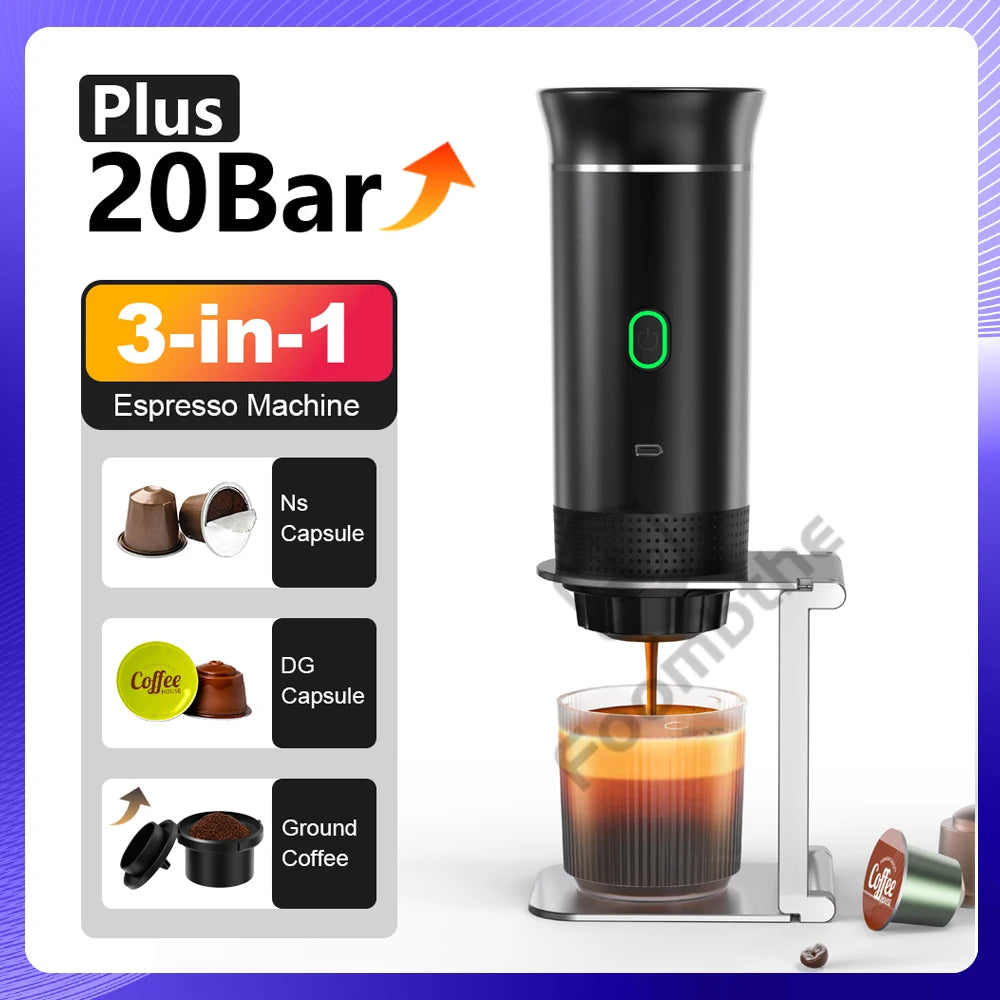 Black 3-in-1 espresso machine with a glass of coffee and capsule options on a white background.