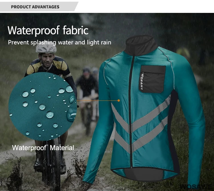 WOSAWE Windproof Cycling Jacket MTB Bike Jersey Outdoor Sport Cycling Windbreaker Rainproof Reflective Bike Clothing Navy Blue