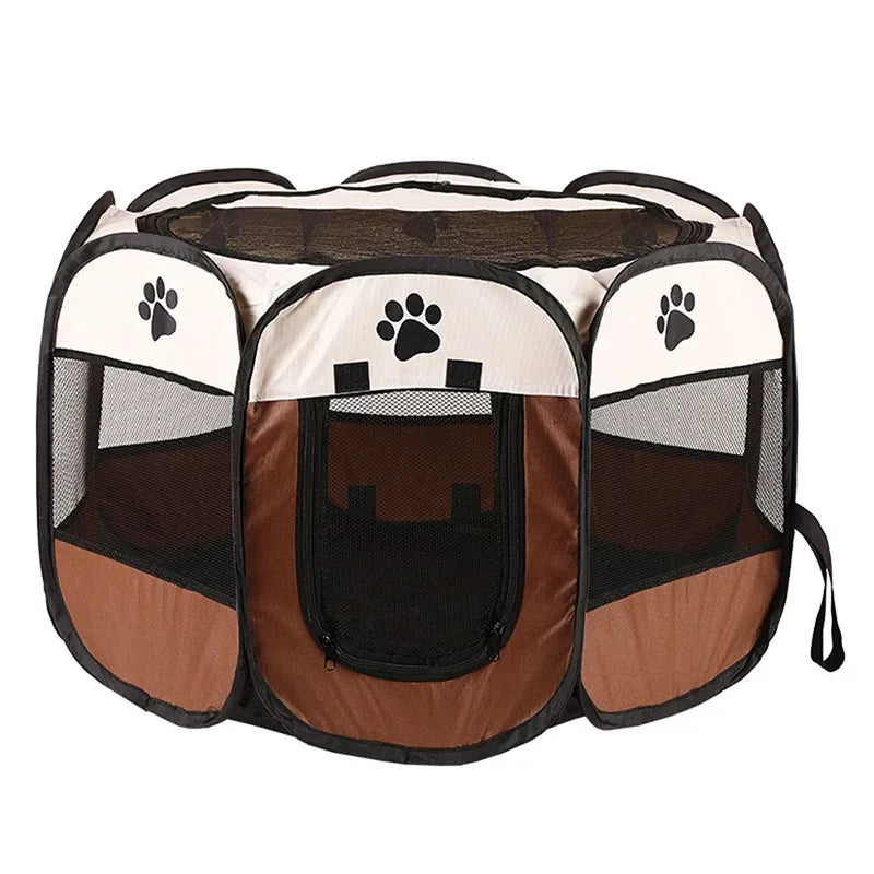 Pet playpen with brown and white color scheme