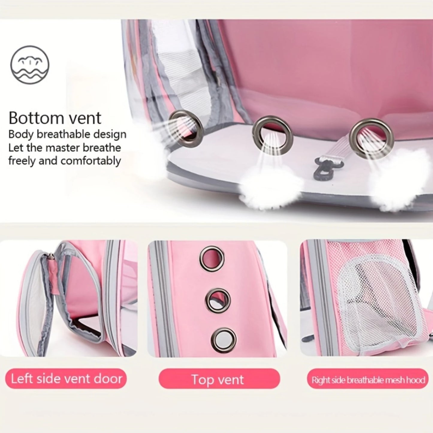 Pink pet carrier with ventilation features.