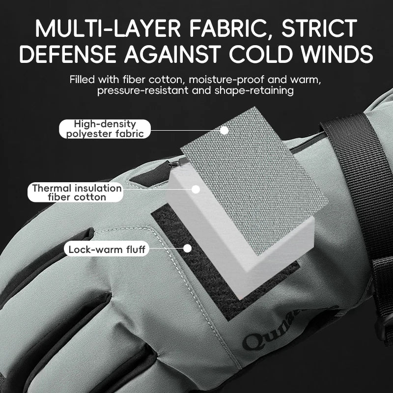Qunature Ski Gloves Touchscreen Waterproof Keep Warm Ski Gloves Extended Wrist Palm anti-slip PU Snowboard Gloves Windproof