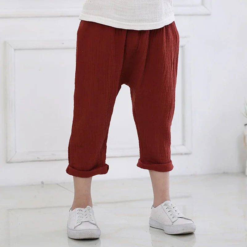 Kids Pants Boy Girl Summer Solid Color Linen Pleated Trousers Children Ankle-length Pants for Baby Casual Harem Pants
