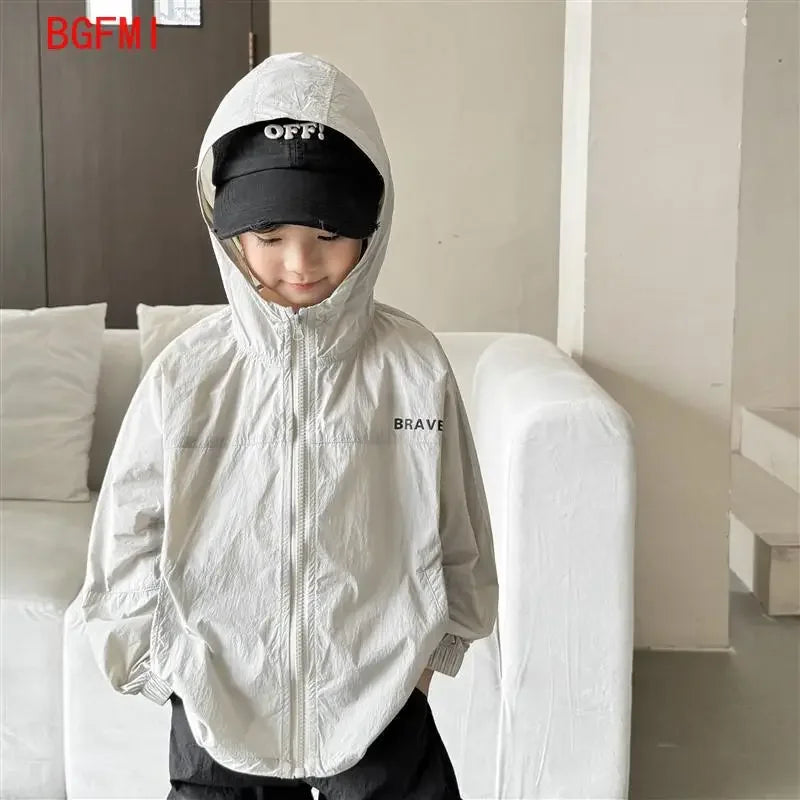 teens Boy Sun Protection Clothing Children's Summer Skin Clothing Lightweight Jacket 2025 Hooded Zipper Air-conditioned Clothes