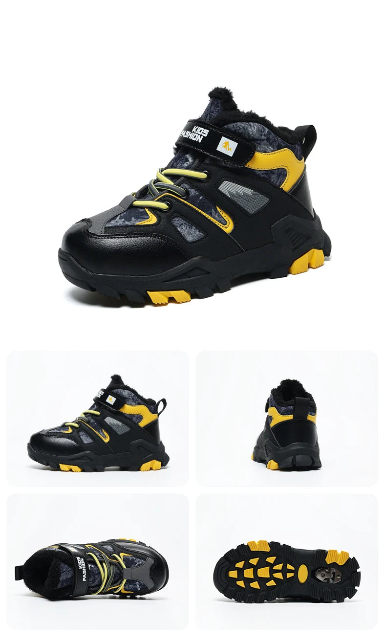 Winter Fur Hiking Shoes Kids Non-slip Claw Sports Shoes Outdoor Warm Velvet Snow Boots Children High Top Platform Sneakers Boys