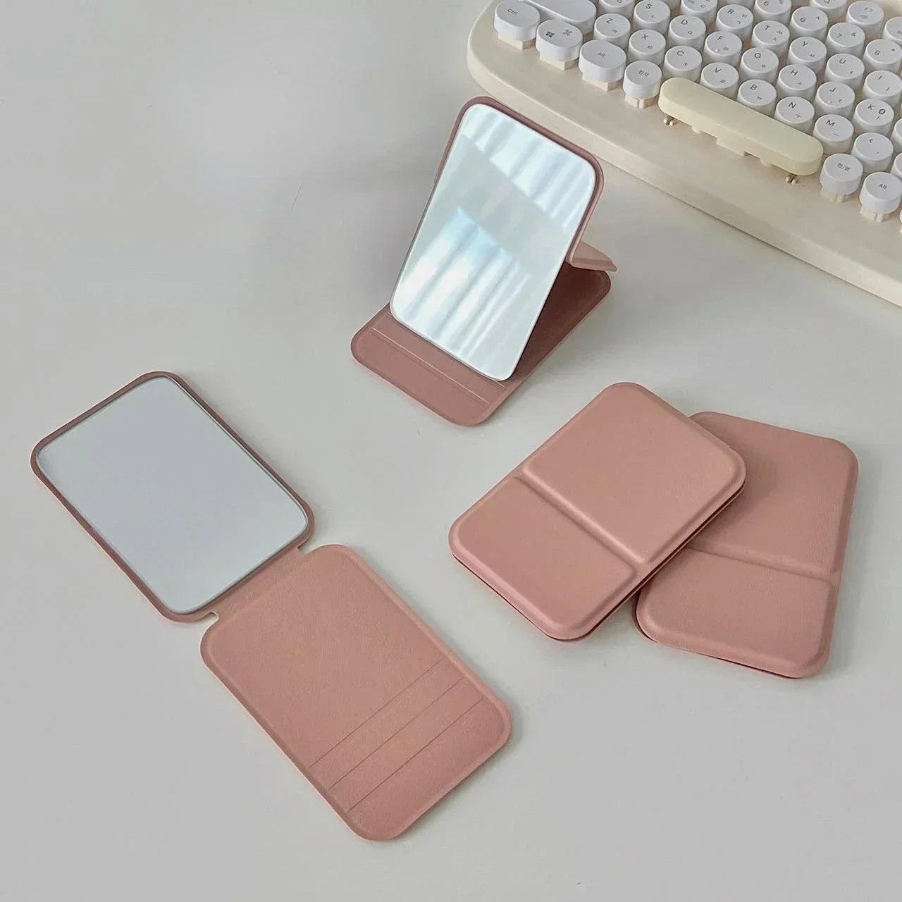 Desktop makeup mirror PU leather simple portable handheld makeup mirror foldable student compact cute pocket mirror