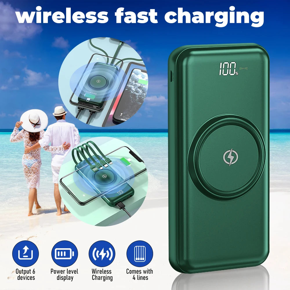 20000mAh Wireless Power Bank Fast Charging Built-in Quad Power Cable Mobile Phone Charger For Iphone 13 14 15 Xiaomi Samsung