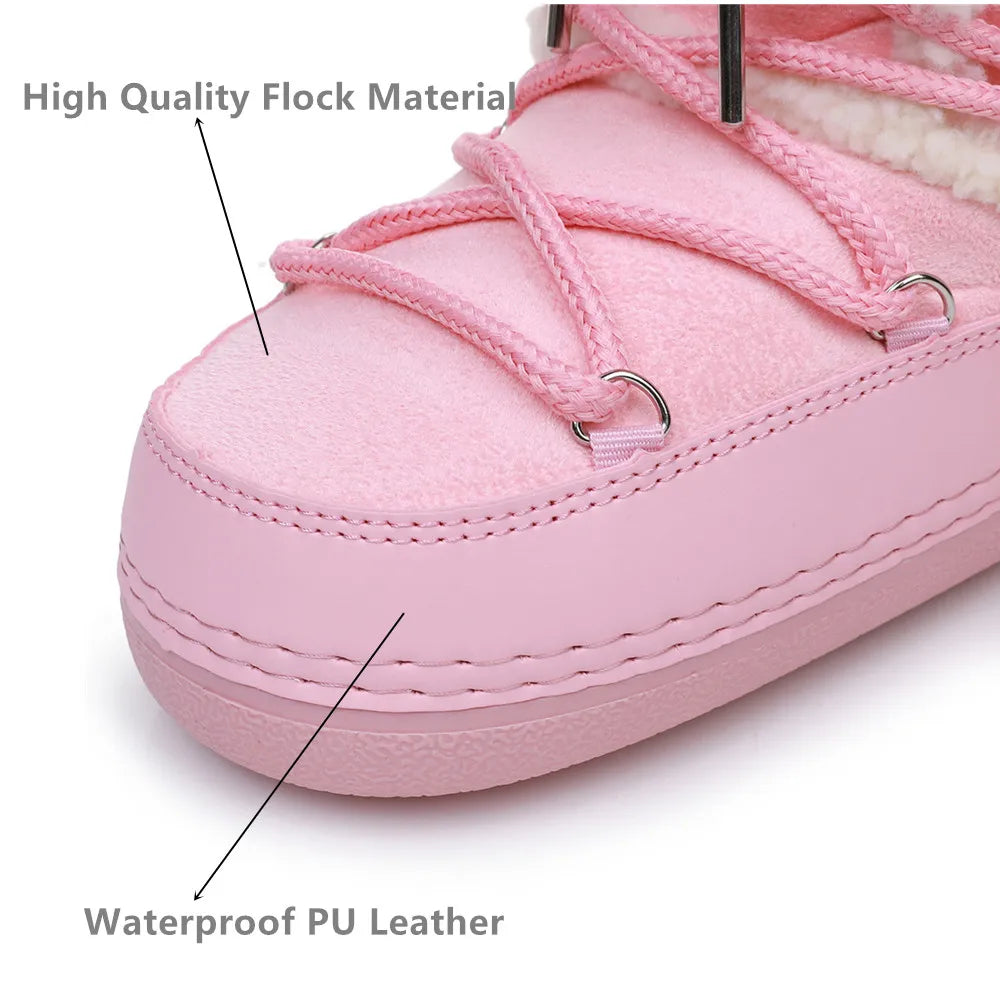 2025 Winter Snow Boots Women Boots Brand Design Fluffy Furry Fur Boots Waterproof Platform Non-slip Lace-up Mid-calf Ski Boots