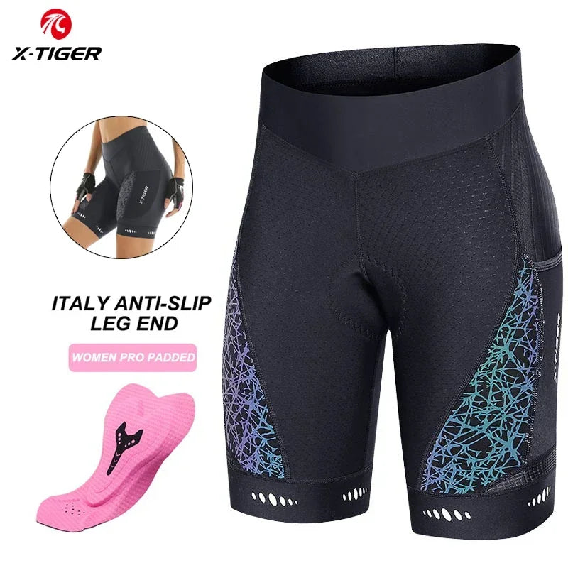 X-TIGER Women's Cycling Shorts Competitive Foam Padded MTB Bike Shorts with Side Pockets Summer Reflective Bib Tights