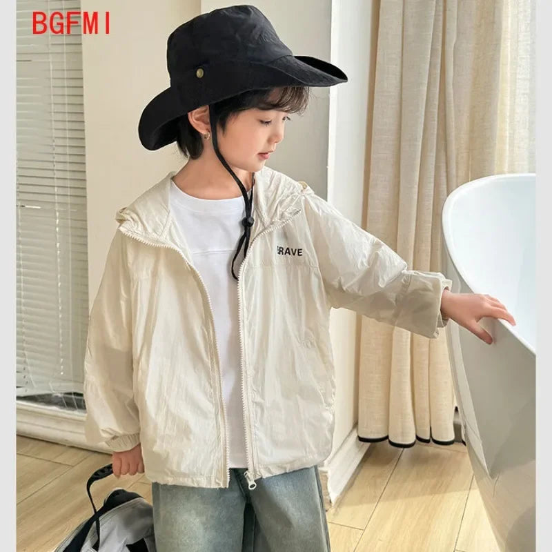 teens Boy Sun Protection Clothing Children's Summer Skin Clothing Lightweight Jacket 2025 Hooded Zipper Air-conditioned Clothes
