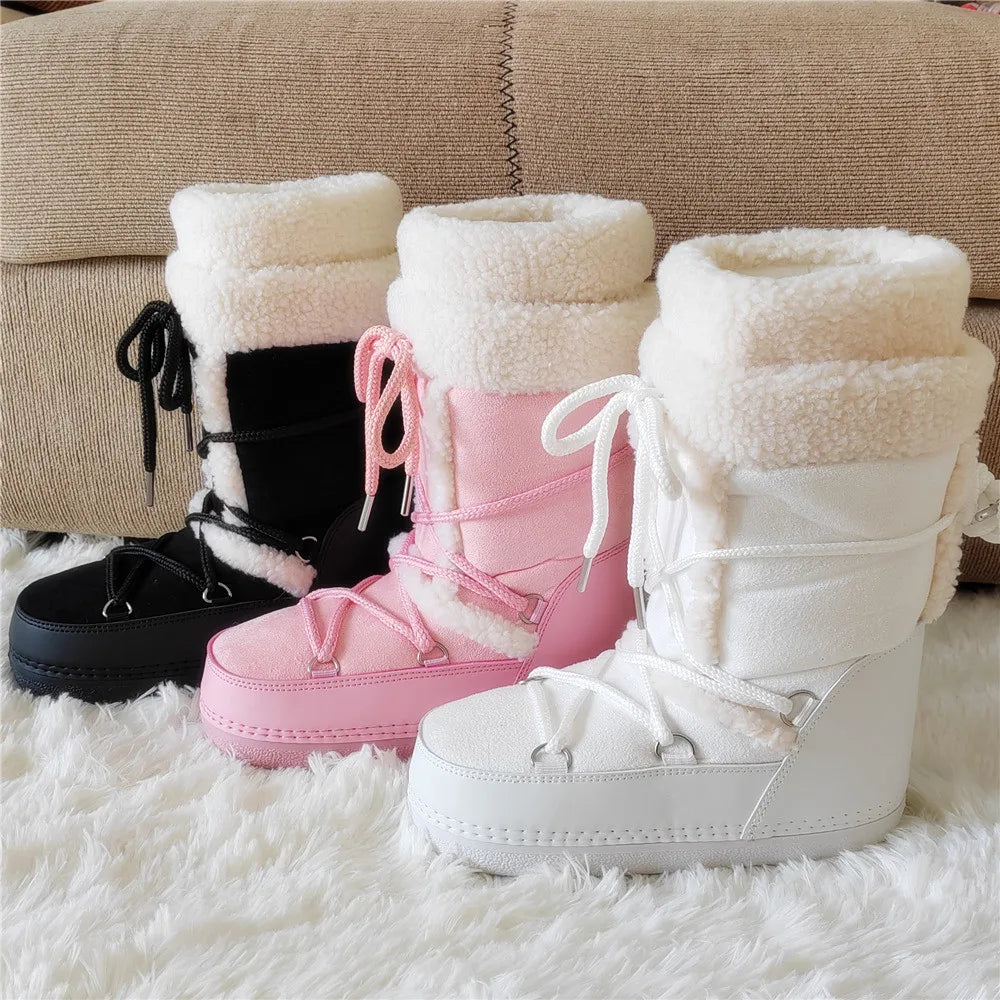 2025 Winter Snow Boots Women Boots Brand Design Fluffy Furry Fur Boots Waterproof Platform Non-slip Lace-up Mid-calf Ski Boots