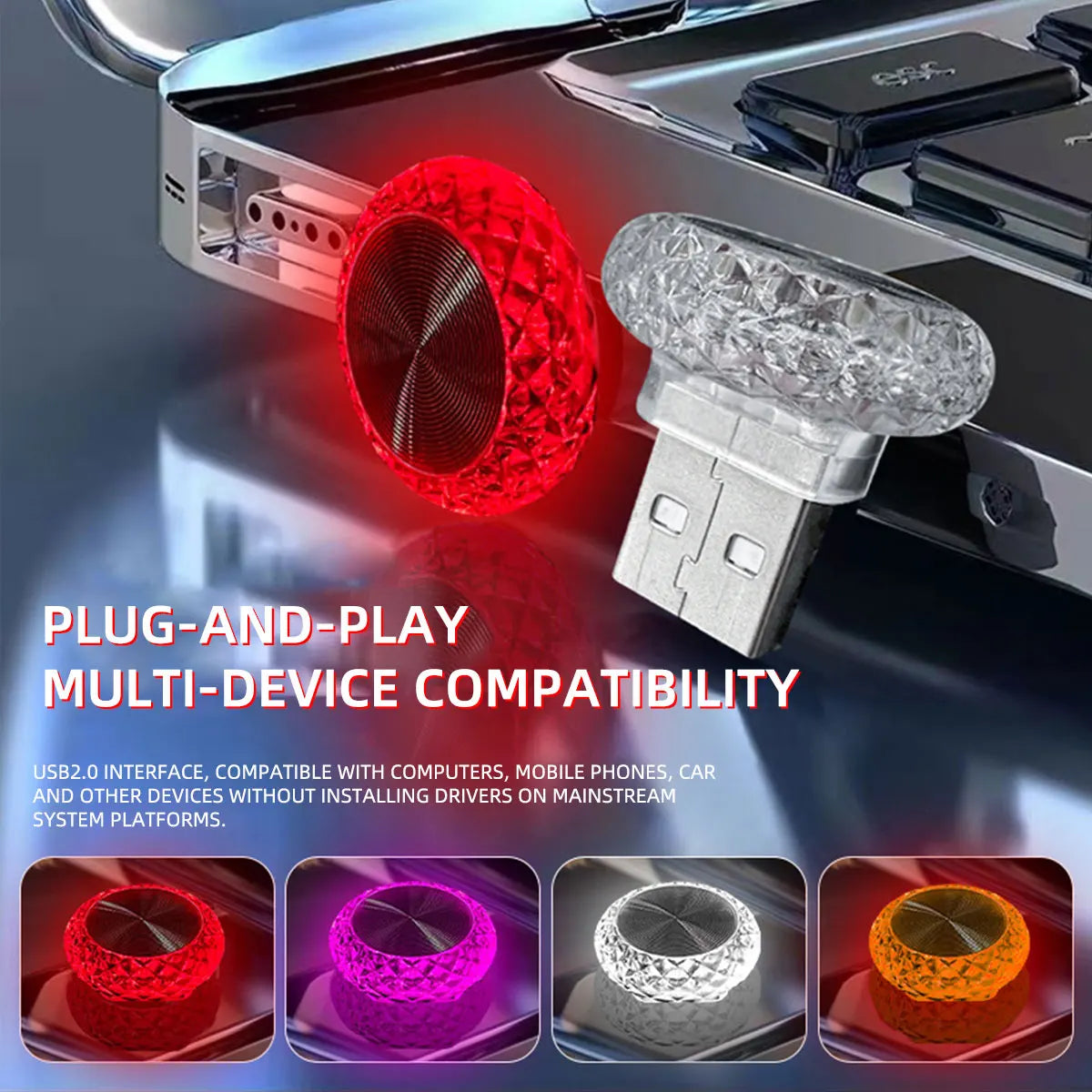 1pc Colorful Portable USB Mini LED Ambient Light for Car Interior Computer Atmosphere Lamp Plug and Play Night Light