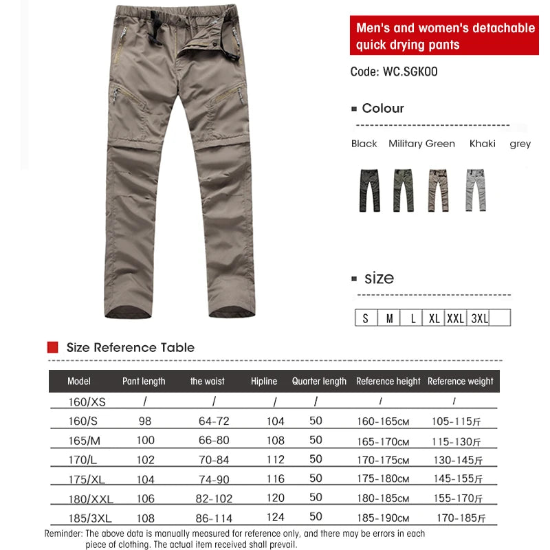 Quick Dry Waterproof Detachable Shorts Cargo Trousers for Men and Women