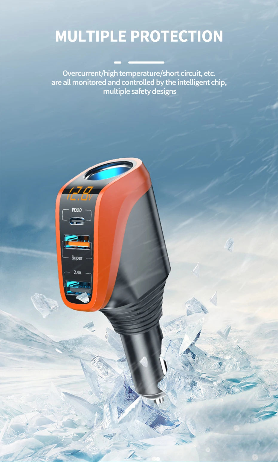 66W Quick Charge Car Cigarette Lighter Charger QC3.0/PD Port Phone Charger Socket DC 12V/24V Universal USB Type Power Adapter