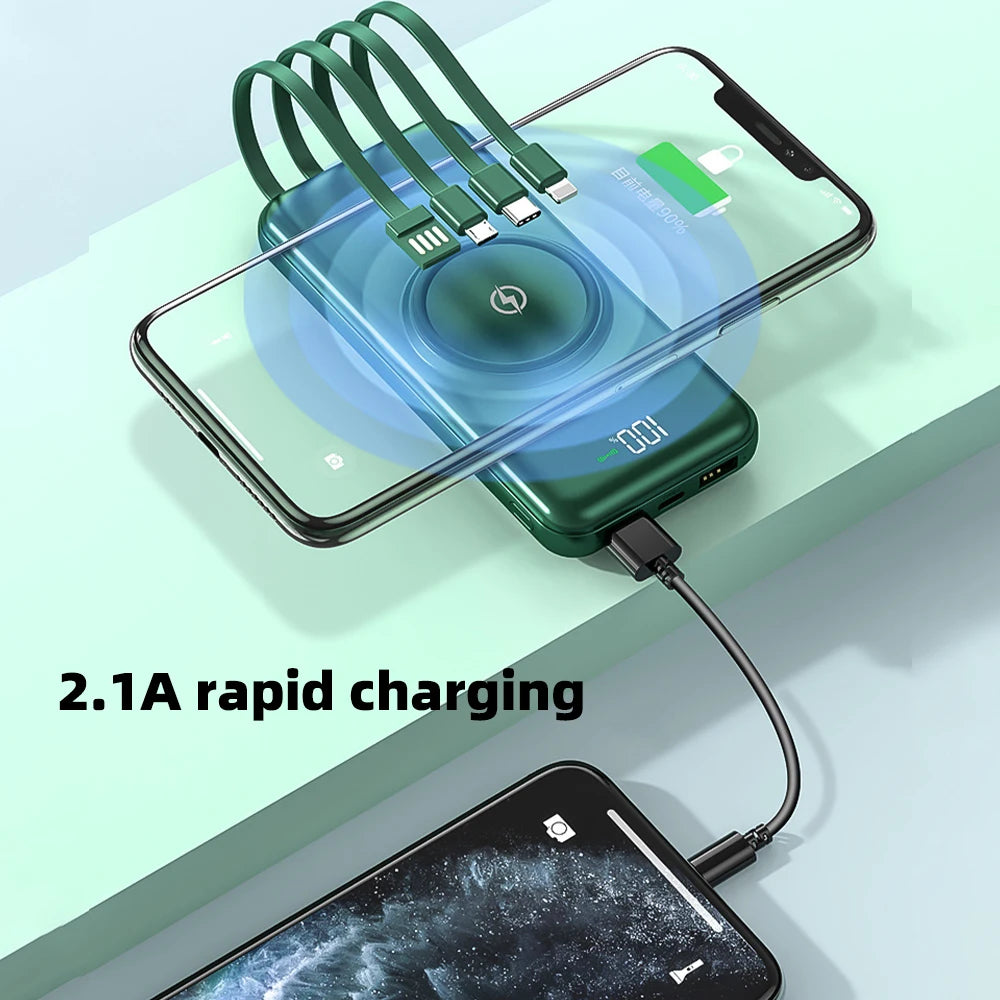 20000mAh Wireless Power Bank Fast Charging Built-in Quad Power Cable Mobile Phone Charger For Iphone 13 14 15 Xiaomi Samsung
