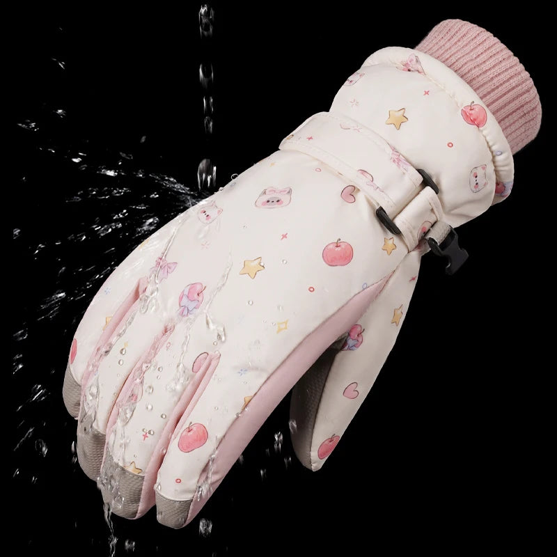 Cute Women's Ski Gloves For Warmth And Protection, With Fleece Lining, Touchscreen Design, And Waterproof Winter Outdoor Gloves.