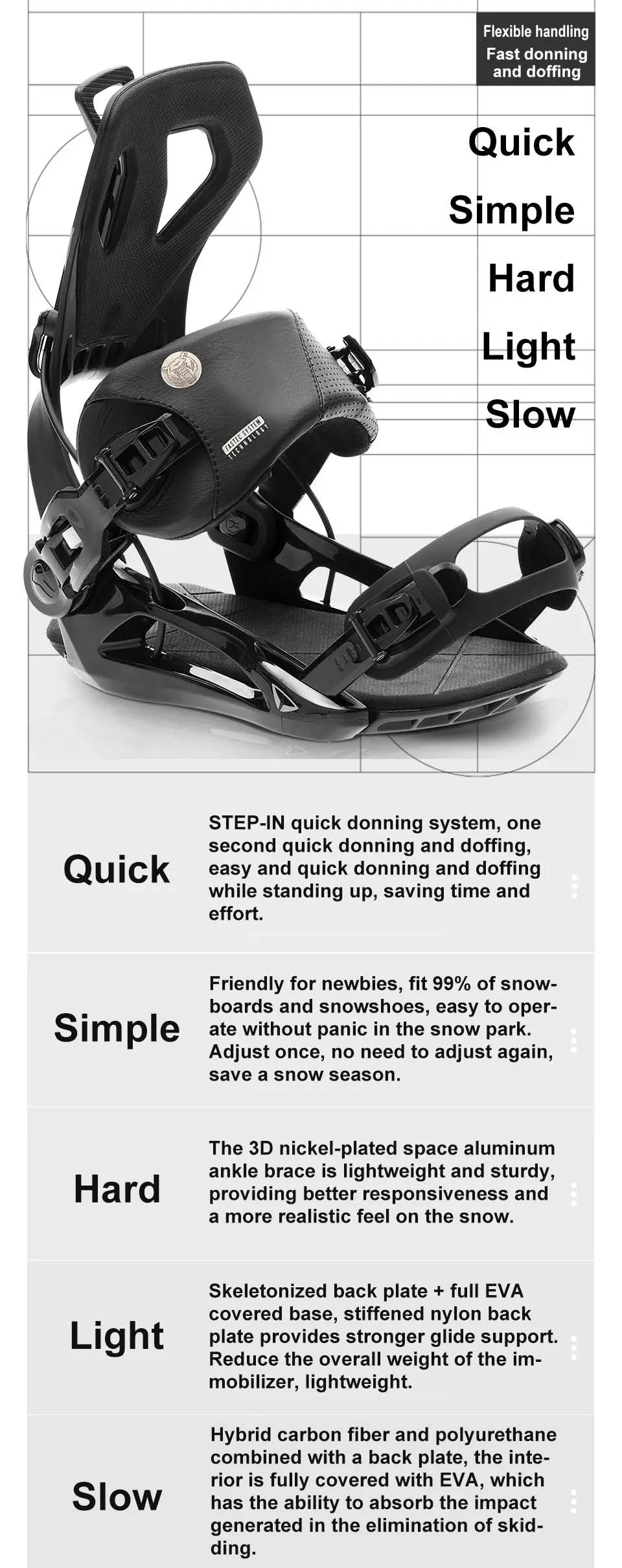 TERROR FS630 Step-In Snowboard Bindings Men Women 3D Highback EVA Shock Absorption Freestyle All-Mountain Quick Entry