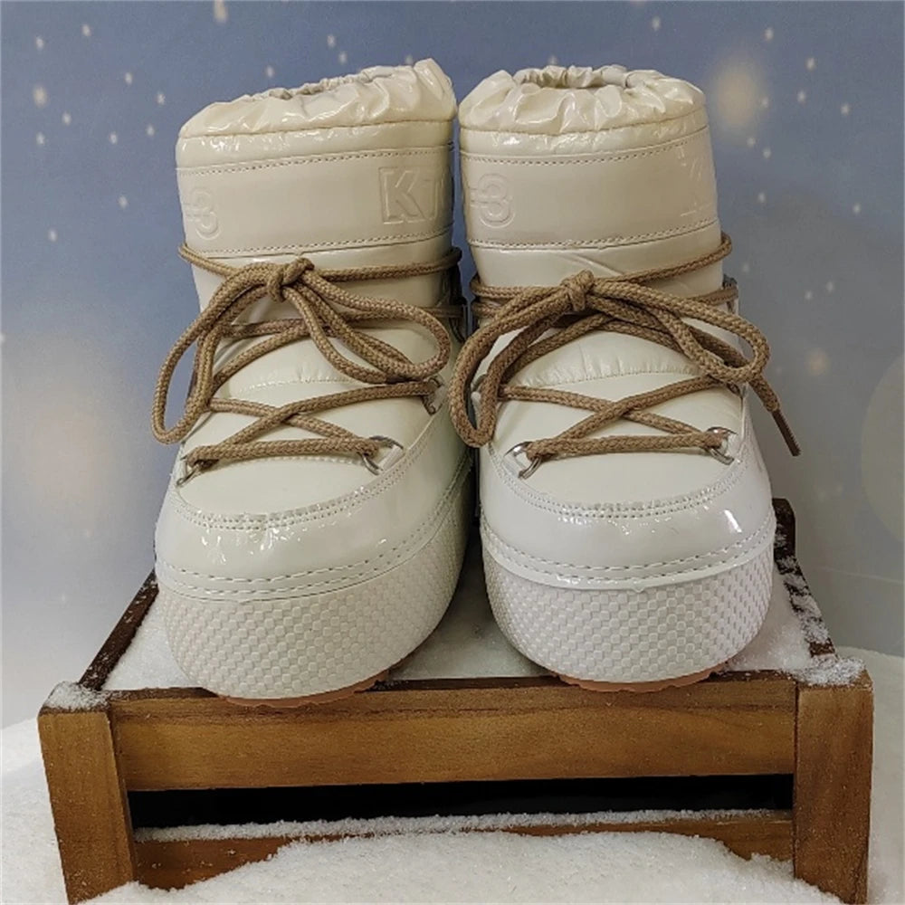 Women Platform Boots 2025 Winter Ski Boots Woman Non-slip PU Leather Waterproof Snow Boots Black Sponge Cotton Lined Ankle Boots
