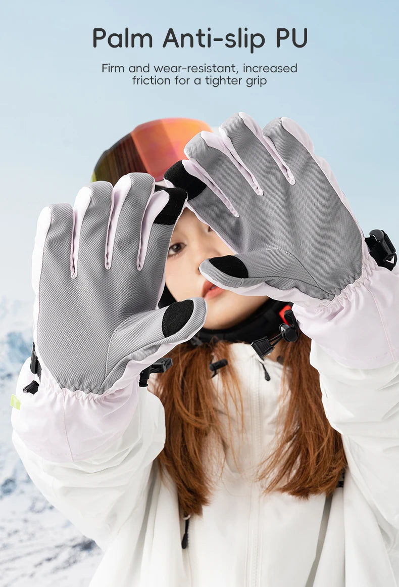 Qunature Ski Gloves Touchscreen Waterproof Keep Warm Ski Gloves Extended Wrist Palm anti-slip PU Snowboard Gloves Windproof