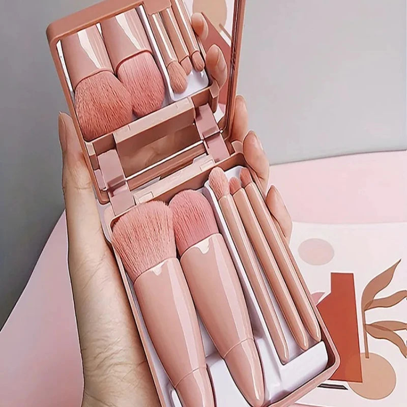 5Pcs Portable Makeup Brush Set With Mirror - Foldable Travel Kit ,Mini Makeup Brush Set Travel Makeup Brush Set