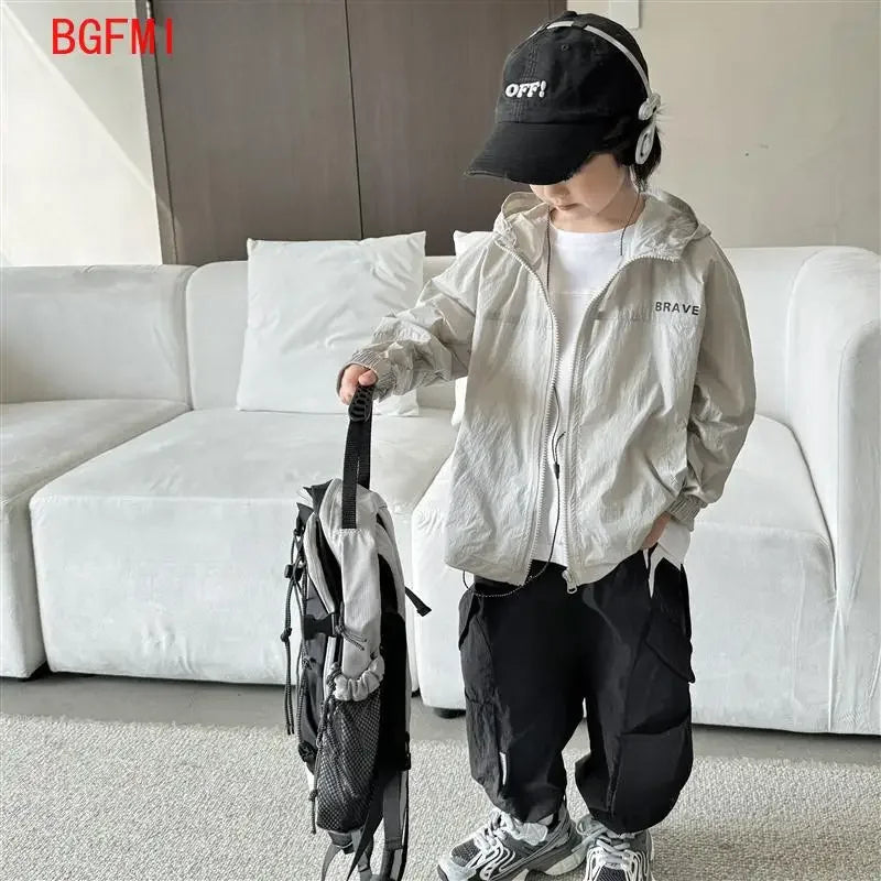 teens Boy Sun Protection Clothing Children's Summer Skin Clothing Lightweight Jacket 2025 Hooded Zipper Air-conditioned Clothes