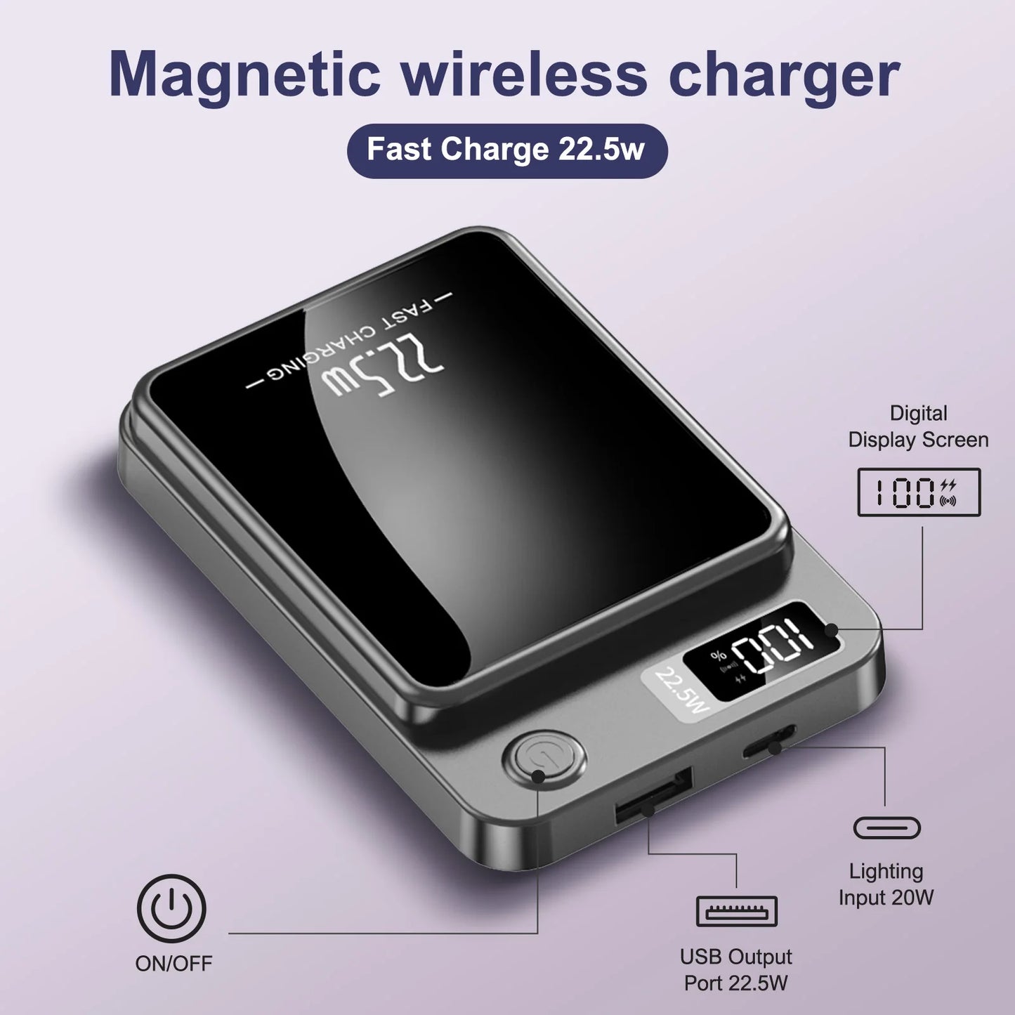 10000mAh Magnetic Charger Power Bank Wireless 22.5W USB-C Foldable Stand LED Display For IPhone 16/15/14/13/12 All Series