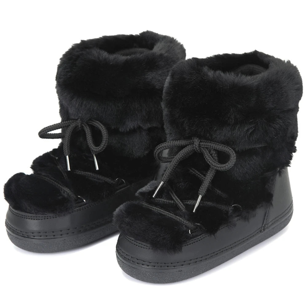 2025 Winter Snow Boots Women Ski Boots Luxury Fluffy Furry Fur Boots Female Rivets Warm Waterproof Platform Black Cotton Boots