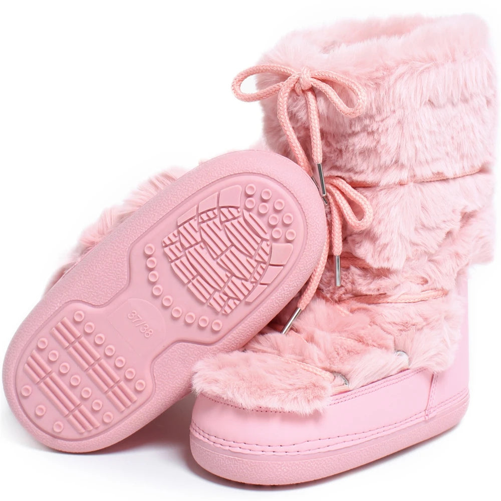 2025 Winter Snow Boots Women Ski Boots Luxury Fluffy Furry Fur Boots Female Rivets Warm Waterproof Platform Black Cotton Boots