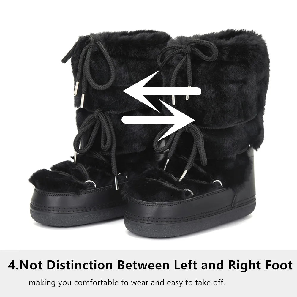 2025 Winter Snow Boots Women Ski Boots Luxury Fluffy Furry Fur Boots Female Rivets Warm Waterproof Platform Black Cotton Boots