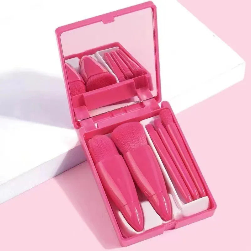 5Pcs Portable Makeup Brush Set With Mirror - Foldable Travel Kit ,Mini Makeup Brush Set Travel Makeup Brush Set