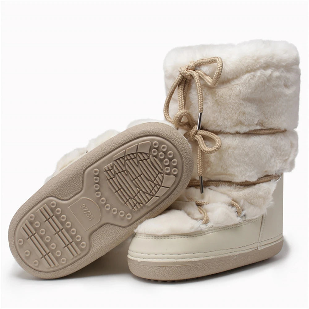 2025 Winter Snow Boots Women Ski Boots Luxury Fluffy Furry Fur Boots Female Rivets Warm Waterproof Platform Black Cotton Boots