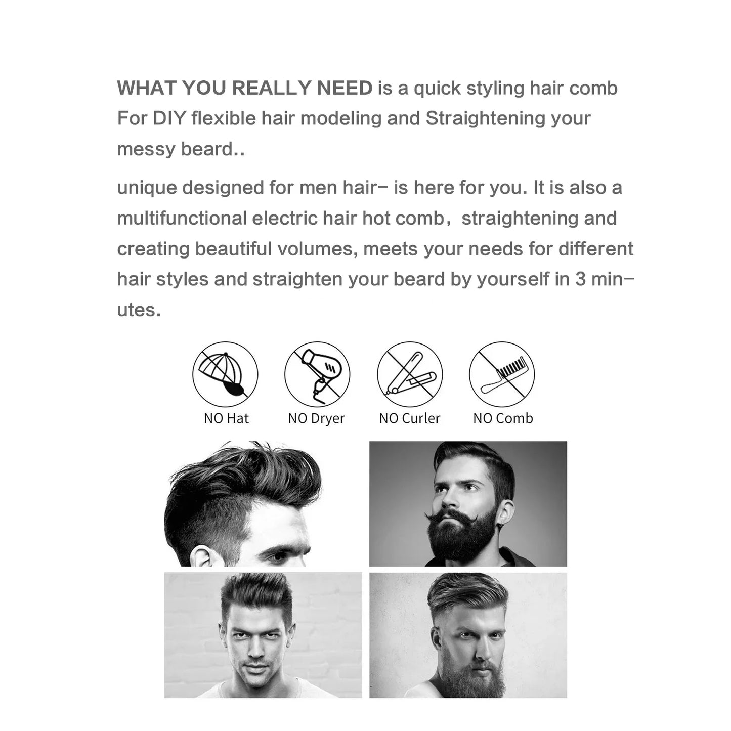 Men's Electric Beard Straightener Negative Ion Hair Straightening Brush Hair Straightener Wet & Dry Quick Styler