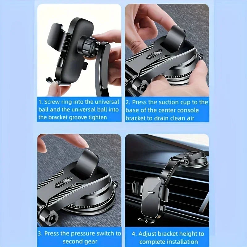Adjustable Car Phone Mount with ABS Frame & Strong Suction Base - 360° Swivel Dashboard Cradle, Anti-Shake/Slip Design