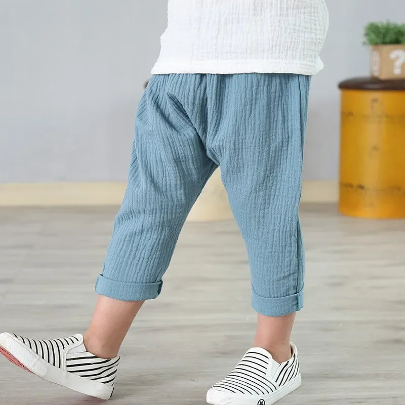 Kids Pants Boy Girl Summer Solid Color Linen Pleated Trousers Children Ankle-length Pants for Baby Casual Harem Pants