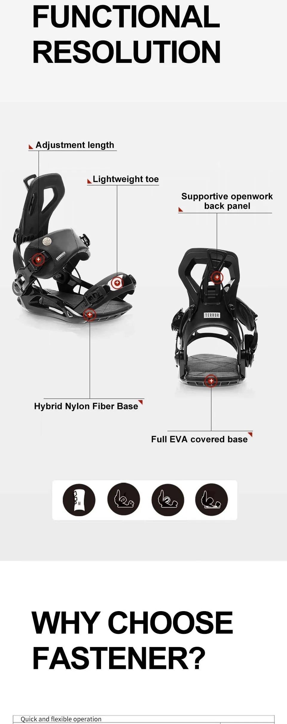TERROR FS630 Step-In Snowboard Bindings Men Women 3D Highback EVA Shock Absorption Freestyle All-Mountain Quick Entry