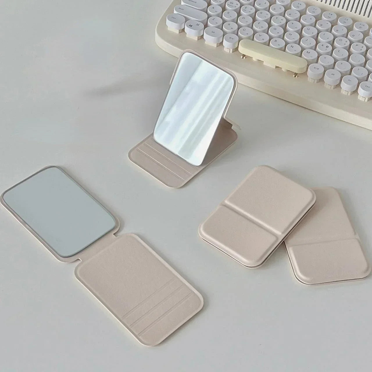 Desktop makeup mirror PU leather simple portable handheld makeup mirror foldable student compact cute pocket mirror