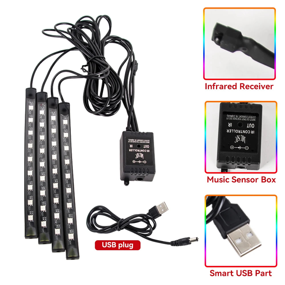 RGB Automotive Atmosphere Decorative Lamp Led Interior Light Strip Car Foot Ambient Lights with USB Cigarette with Remote Voice