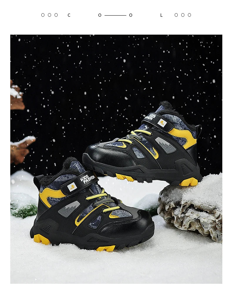 Winter Fur Hiking Shoes Kids Non-slip Claw Sports Shoes Outdoor Warm Velvet Snow Boots Children High Top Platform Sneakers Boys