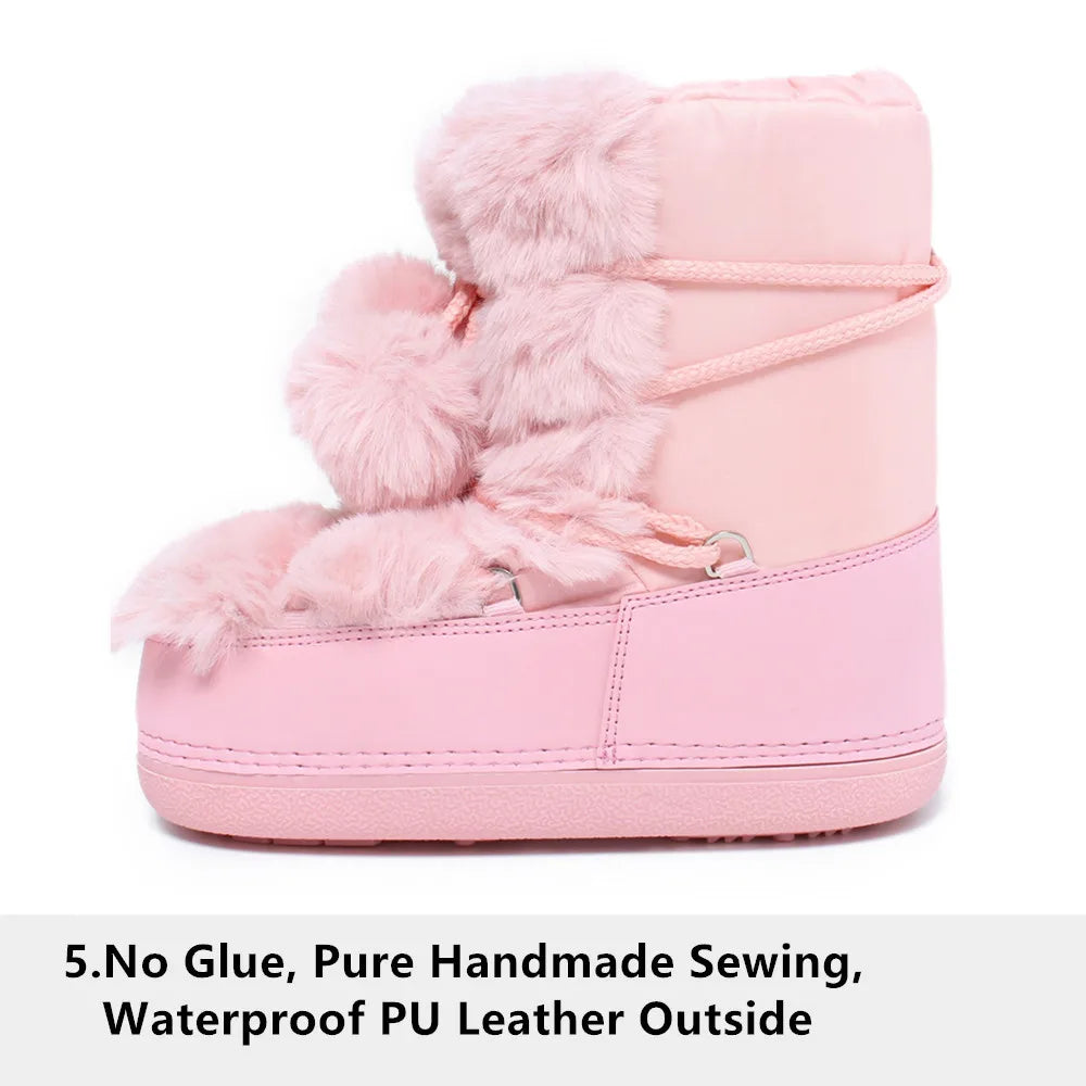 2025 Winter Snow Boots Women Boots Brand Design Fluffy Furry Fur Boots Waterproof Platform Non-slip Lace-up Mid-calf Ski Boots
