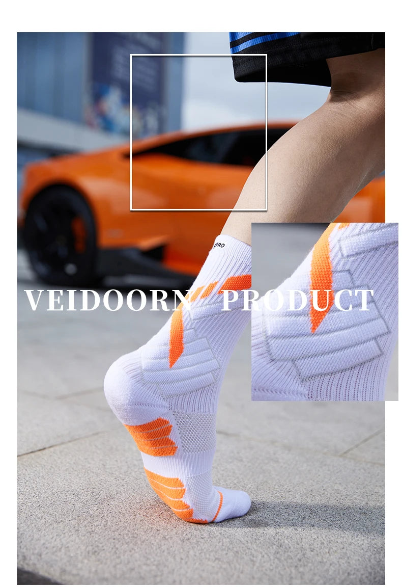 Veidoorn High Quality Sport Socks for Men Mid Calf Length Running Basketball Socks Thicken Non Slip Camping Cycling Stocking