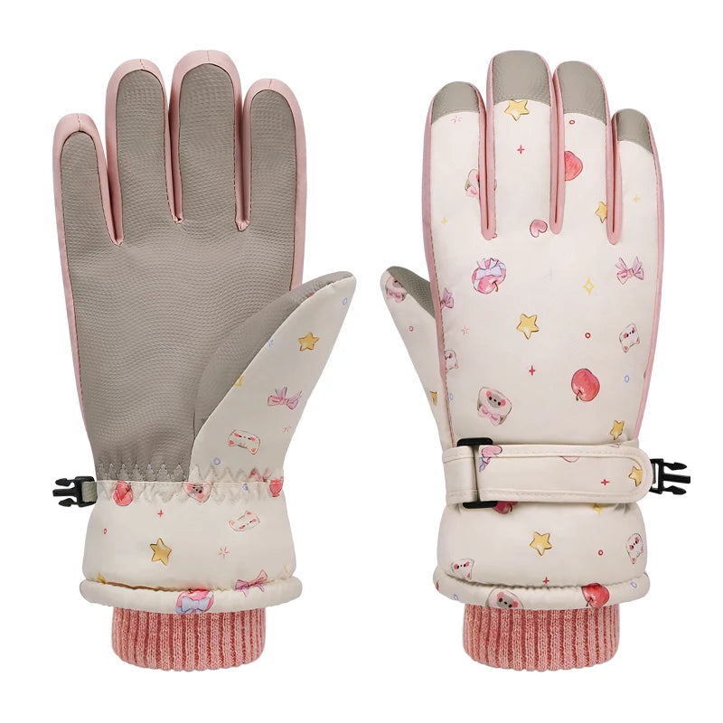 Cute Women's Ski Gloves For Warmth And Protection, With Fleece Lining, Touchscreen Design, And Waterproof Winter Outdoor Gloves.