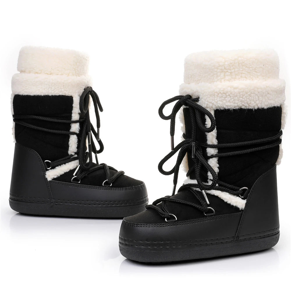 2025 Winter Snow Boots Women Boots Brand Design Fluffy Furry Fur Boots Waterproof Platform Non-slip Lace-up Mid-calf Ski Boots