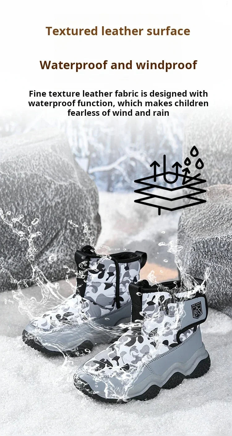 Winter Children Snow Warm Boots Fur Shoes Boys Sneaker Rubber Hiking Shoe Fashion Children Shoes Waterproof Leather Boots Kids