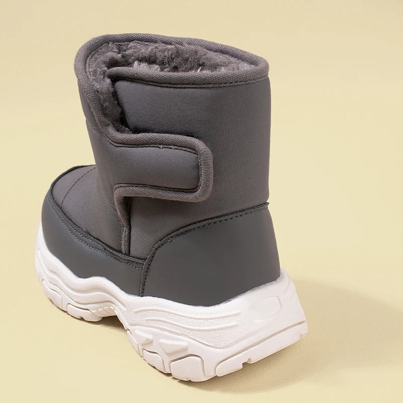 Winter New Waterproof Fabric Big Kids Fleece Snow Boots Children Warm Chunky Sole Casual Plush Boots EKF75