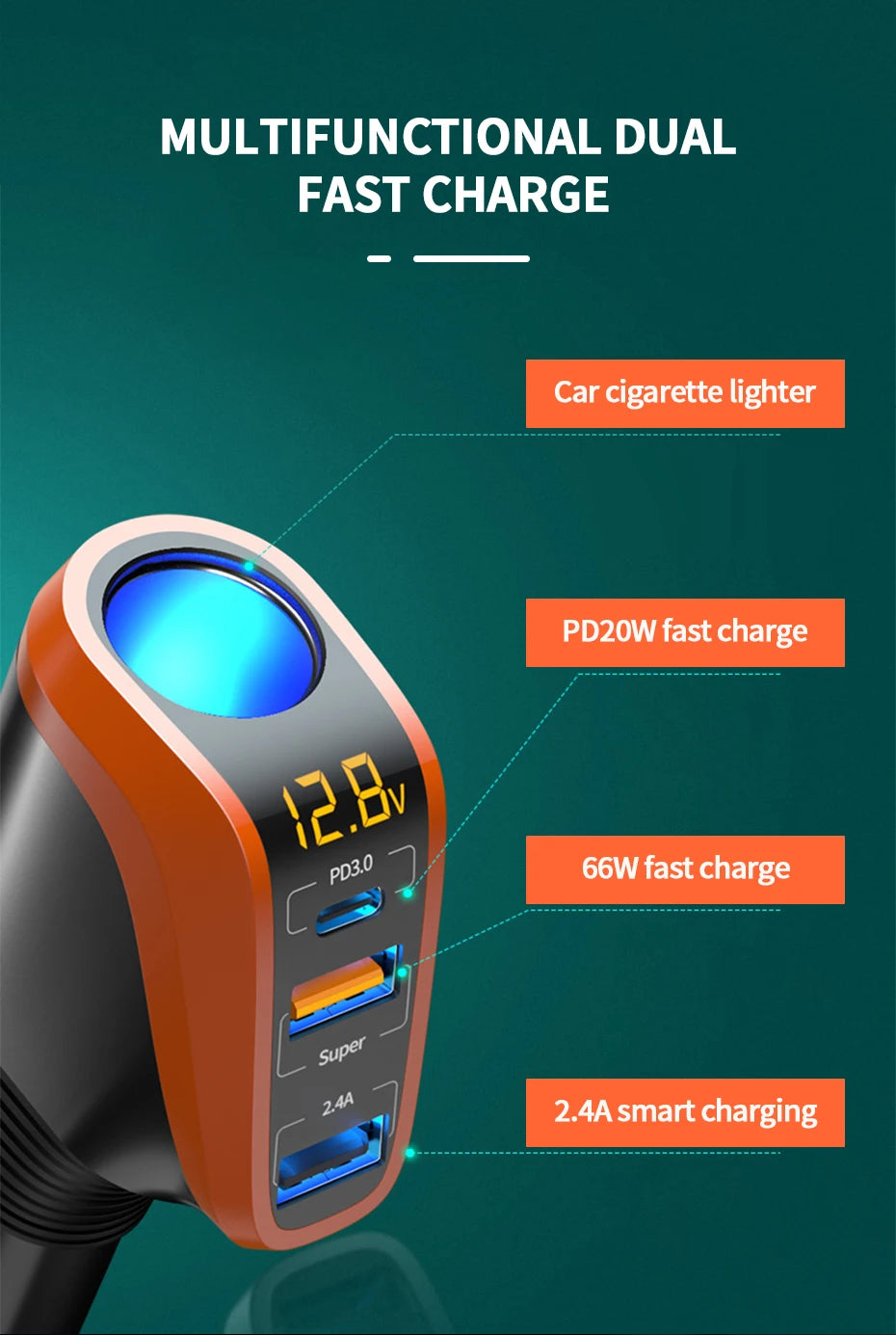 66W Quick Charge Car Cigarette Lighter Charger QC3.0/PD Port Phone Charger Socket DC 12V/24V Universal USB Type Power Adapter