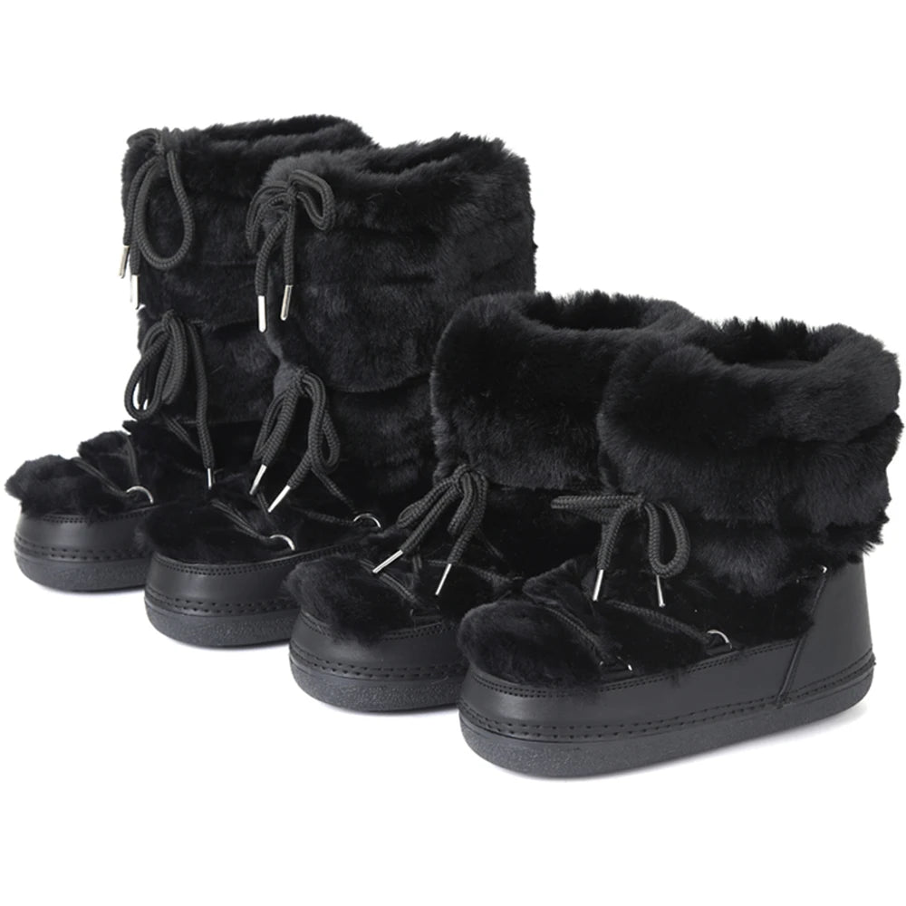 2025 Winter Snow Boots Women Ski Boots Luxury Fluffy Furry Fur Boots Female Rivets Warm Waterproof Platform Black Cotton Boots