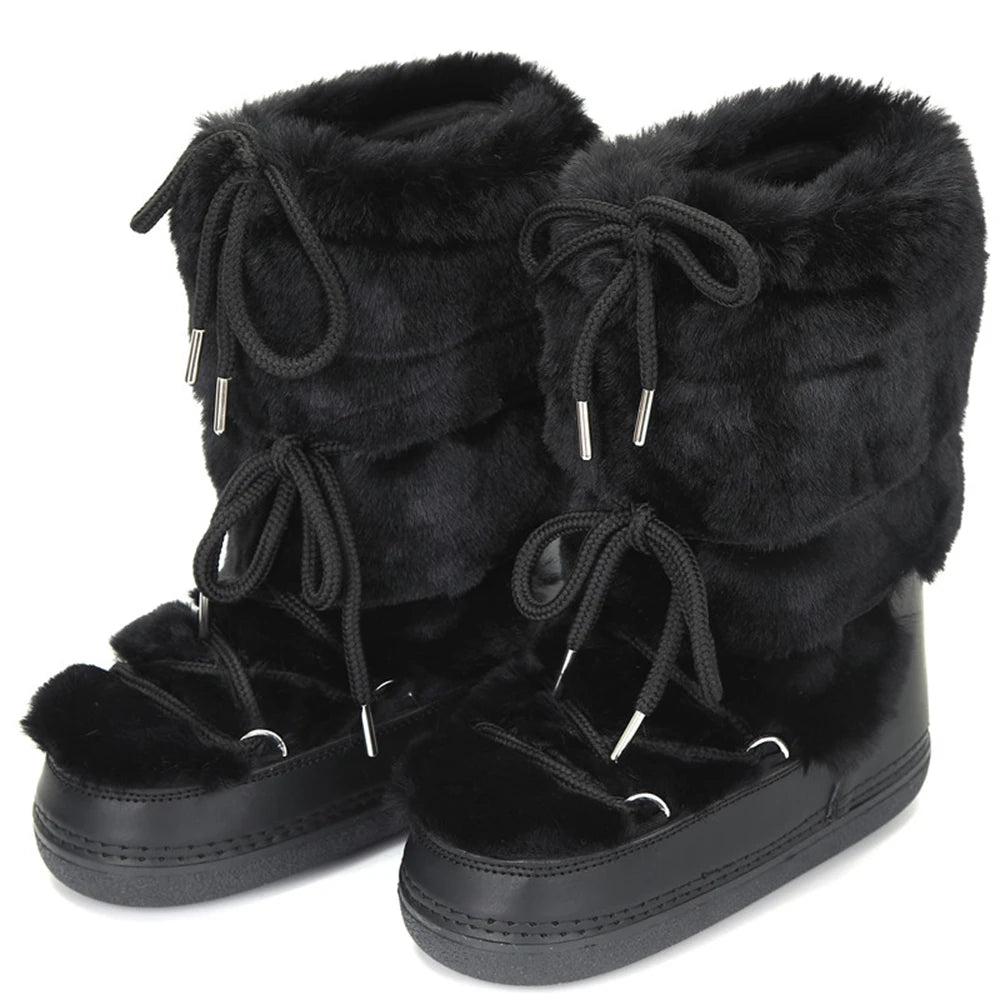 2025 Winter Snow Boots Women Ski Boots Luxury Fluffy Furry Fur Boots Female Rivets Warm Waterproof Platform Black Cotton Boots