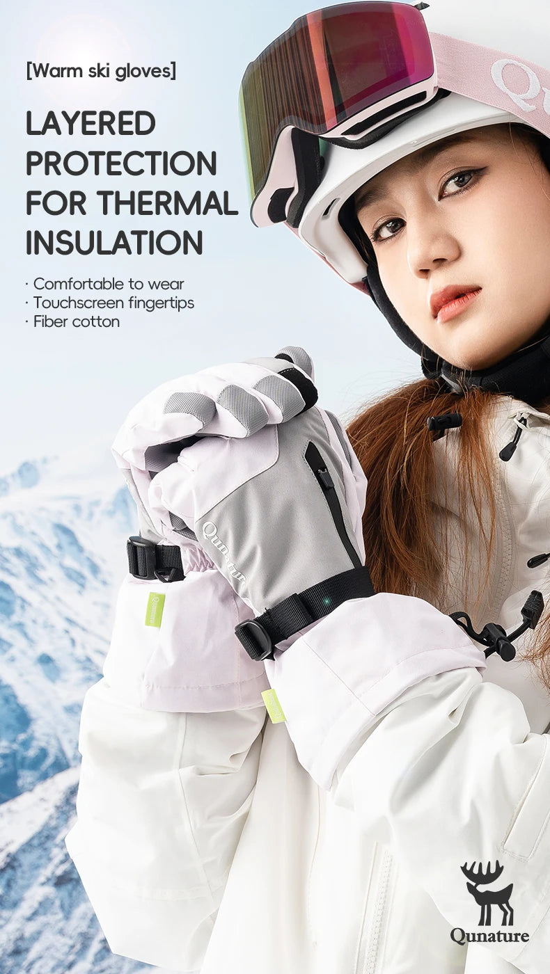 Qunature Ski Gloves Touchscreen Waterproof Keep Warm Ski Gloves Extended Wrist Palm anti-slip PU Snowboard Gloves Windproof