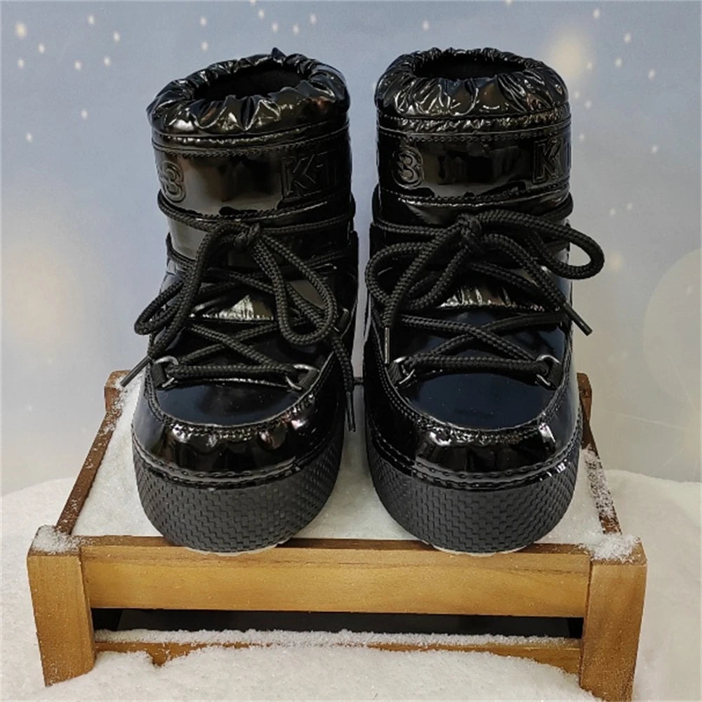 Women Platform Boots 2025 Winter Ski Boots Woman Non-slip PU Leather Waterproof Snow Boots Black Sponge Cotton Lined Ankle Boots