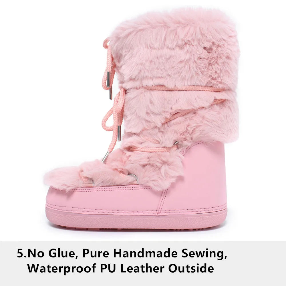 2025 Winter Boots for Women Snow Boots Brand Fluffy Furry Fur Lace Up Black Pink Platform Non-Slip Waterproof Ski Boots